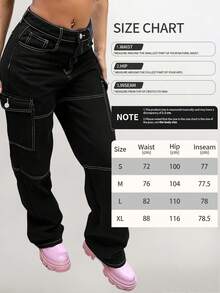 Jeans de cintura media y pierna recta/ancha para mujer estilo Y2K, pantalones vaqueros holgados con bolsillos, pantalones de trabajo - Negro - Ver 6