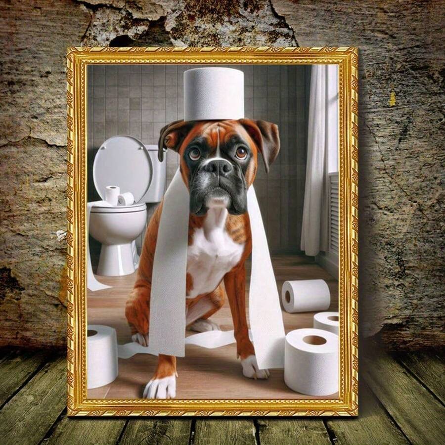 1pc Boxer Dog Bathroom Humor Canvas Art Print, Golden Frameless Wall Decor, Funny Pet Poster For Boxer Lovers - Multicolor - View 1