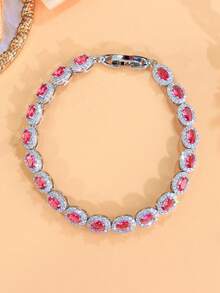 1 pieza Delicada pulsera de tenis plateada con CZ para mujeres, con circonita cúbica ovalada de color azul, rojo y blanco. Accesorios de joyería de fantasía para bodas, compromisos, banquetes, fiestas, bailes de graduación para novias, damas de honor, señoras, novias, esposas, madres. Regalo de joyería elegante para aniversario.