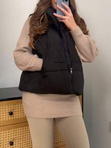 Women's Cropped Puffer Vest, Sleeveless Bubble Vests Outerwear With Fashion Hidden Diagonal Zipper, Side Pockets, Ultra Soft Versatile Puffy Gilet - 黑色 - 查看 4