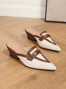 Classic Pointed Toe Metal Buckle Decor Mule Chunky Heel Shoes, Elegant & Comfortable For Party, Formal, Casual Wear, Commute, Contrast Color Fabric & Leather Women's Brown High Heel Backless Pumps - Brown - View 7