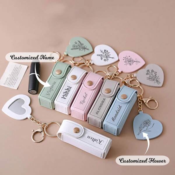 Personalized Customized Lipstick Bag Keychain, Lipstick Case With Mirror, Custom Name Anti Lost Lipstick Storage Bag, Bridesmaid Gift, Valentine's Day Gift, Engraved, Stainless, Unisex, Casual, Custom, For Father's Day, For Graduation, For Weddings, For Housewarming, School Supplies, For Teenagers, Junior High School Students, Middle School Students, High School Senior High School Students, College Students, University Students, Freshman, Sophomore, Underclassmen,Delicate Romance, Utilitarian Chic