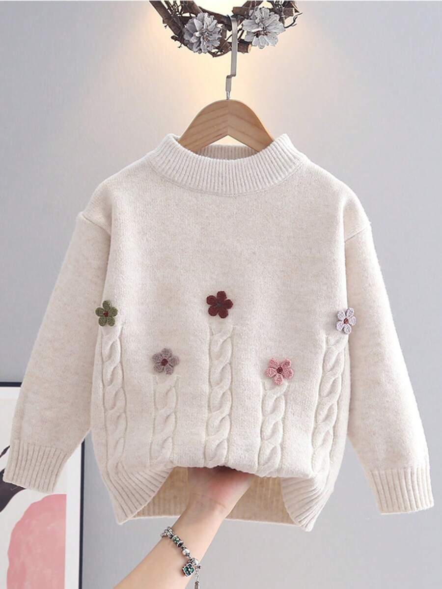 Young Girl' Floral Knitted Sweater, Thick & Warm Round Neck Pullover Top, Autumn/Winter - Beige - View 1