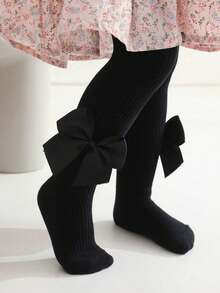 1pc Girls' Black Basic Leggings With Bowknot Detail, Suitable For Every Season