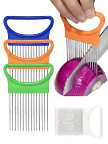 1个不锈钢洋葱固定器，多功能洋葱固定切片器，不锈钢多用途厨房工具 - 洋葱切片器和嫩化器，适用于蔬菜和水果，固定式切割支架，确保厨房安全，食品接触，无需用电，符合人体工程学的手柄，创新专业的厨房工具。