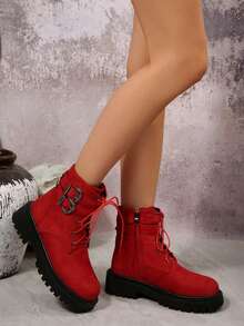 Winterliche Dicksohlen Plateau-Absatz Modische Damen High Heels Große Größen mit Schnürung, Seitlichem Reißverschluss, Einfachem Riemen-Schnallenverschluss, Modischer Studentischer College-Stil Damen Stiefel - Rot - Übersicht 4