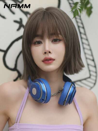 NAMM 10 英寸时尚棕色短款直发假发，带刘海，优质丝滑合成耐热服装假发，适合日常佩戴、学校和音乐节庆祝活动使用 - 角色扮演服装假发 - 樱花庆典华丽派对街头服饰摄影 - 女孩礼物假发配件