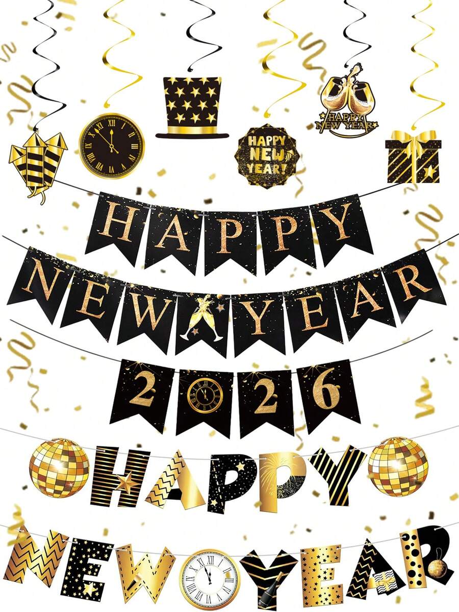 16.4 英尺“2026新年快乐”横幅，黑金配色，新年派对用品，悬挂式螺旋装饰，适用于新年除夕派对装饰、家居节日装饰、派对装饰、圣诞装饰、家居圣诞礼物、圣诞装饰 - 彩色 - 查看 1