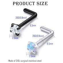 Surgical Steel Nose Ring 20G - Hypoallergenic Nose Studs With Cute Flat Opal Flower Diamond Heart - Straight L Shaped Purple, Pink, Black, Silver For Women Men Gift{"Color_name":"BlacklshapedNoseRingsStuds20G"} - 黑色L型鼻環耳環20G - 查看 4