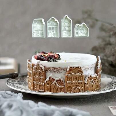 4-Piece Christmas Cartoon Gingerbread House Pattern Biscuit Mold Without Handle, Cake Seal, Frosting Cake Decoration, DIY Cookie Baking Tool.