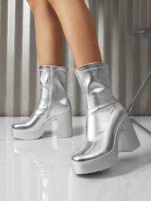 Women's Chunky Platform Ankle Boot High Block Heels Square Toe Lightweight Comfort Party Dress Booties Shoes For Women Women's Chunky Platform Ankle Boot High Block Heels Square Toe Lightweight Comfort Party Dress Booties Shoes For Women - 銀色 - 查看 2