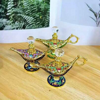 1 件 0.34 盎司优雅灯形香水瓶 - 鲜艳的花朵和金色设计，可重复使用的香水和精油金属容器，便携式家居装饰和旅行礼物（空），香水手提箱，装饰香水，精湛的工艺