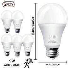 Kasotile 5 件装运动传感器 LED 灯泡，60/80 瓦当量，节能 9/12W，E26 E27 底座，日光白 6000K/暖光 3000k，不可调光 - 白色 - 查看 4