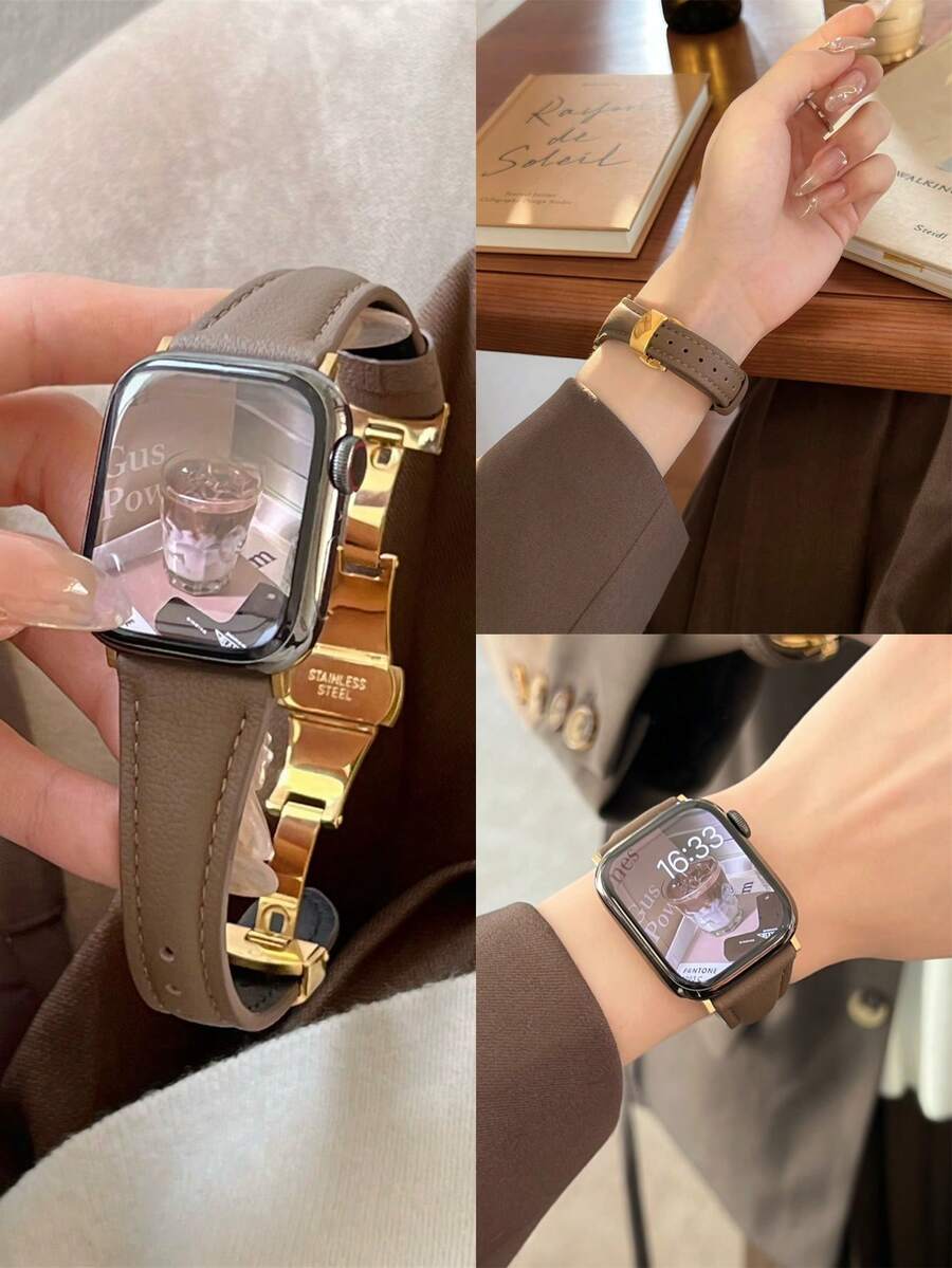 1条柔软皮革表带，兼容，女士运动风格，适用于38mm、40mm、41mm、42mm、44mm、45mm、46mm、49mm表盘尺寸，兼容 Series 10/9/8/7/6/5/4/3/2/1 SE Ultra。 - 褐蝴蝶扣 - 查看 1