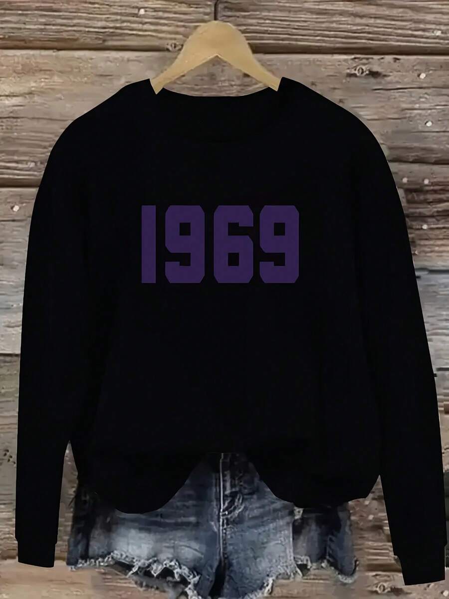 Simple And Monotonous Cartoon Text Interesting Print Soft Cozy Pullover Sweatshirt WithCrewneck Sweatshirt , Long Sleeves,  Plus Size Crewneck Sweatshirt , Cartoon Character Design For Cozy, Fall/Winter Casual Wear For Women. - Đen 12 - Xem 1