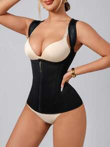 女士束腰塑身背心，带拉链，尼龙材质，配有可调节肩带 - 黑色 - 查看 11