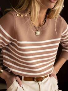 女士针织圆领长袖套头毛衣，肩部饰有纽扣，简约经典休闲风格，适合日常穿着，秋冬季女士针织衫 - 駝色 - 查看 1