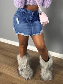 Halloween Christmas Y2K Retro Frayed Hem Denim Mini Skirt, WaistSlim A-Line Heart Shaped Body Conskirt In Women, Summer Design, Summer Dresses For Women, Summer Dress, Summer Clothes Women, Denim Skirt, Going Out. - 中等水洗藍 - 查看 4