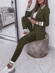 Women's Striped Patchwork Casual Sports Jacket And Pants Suit - Army Green - View 1