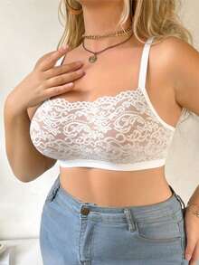 Plus Size Women's White Lace Bra, Comfortable Versatile Wireless Bra For Large Bust, Sexy Lace Camisole Bra Without Padding - White - View 5