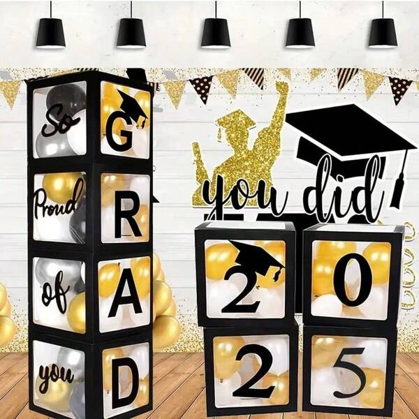 Decoração para festa de formatura de 2025, 4 caixas pretas para balões adequadas para festas de formatura, com as letras "GRAD 2025, Festa de formatura da turma de 2025, decoração de fim de ano".