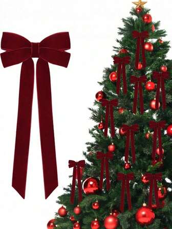 10pcs Christmas Tree Bows - Festive Ribbon Gift Bows For Holiday Wreaths, Decorations, And Rustic Crafts, No Feathers, Glossy Finish, Perfect For Gift Wrapping And DIY Projects, Christmas Tree Accents Velvet Ribbon, Bows For Christmas Tree
