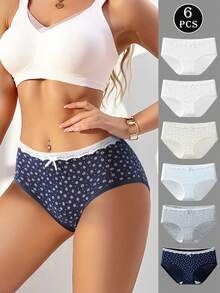 6 pièces/paquet Culottes en coton avec dentelle et nœud mignon pour filles. Slips hanches douces et confortables. - Multicolore - Voir 2