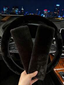 Short Plush Car Steering Wheel Cover Set, Shoulder Strap, Warm, Anti-Slip, Steering Wheel Cover Set, Winter, Elastic, No Inner Ring