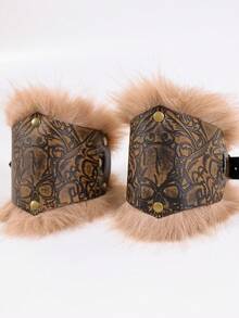 2件装PU皮革维京护腕：仿毛皮镶边骷髅印花盔甲，适合角色扮演游戏、文艺复兴集市和角色扮演活动 - A - 查看 3