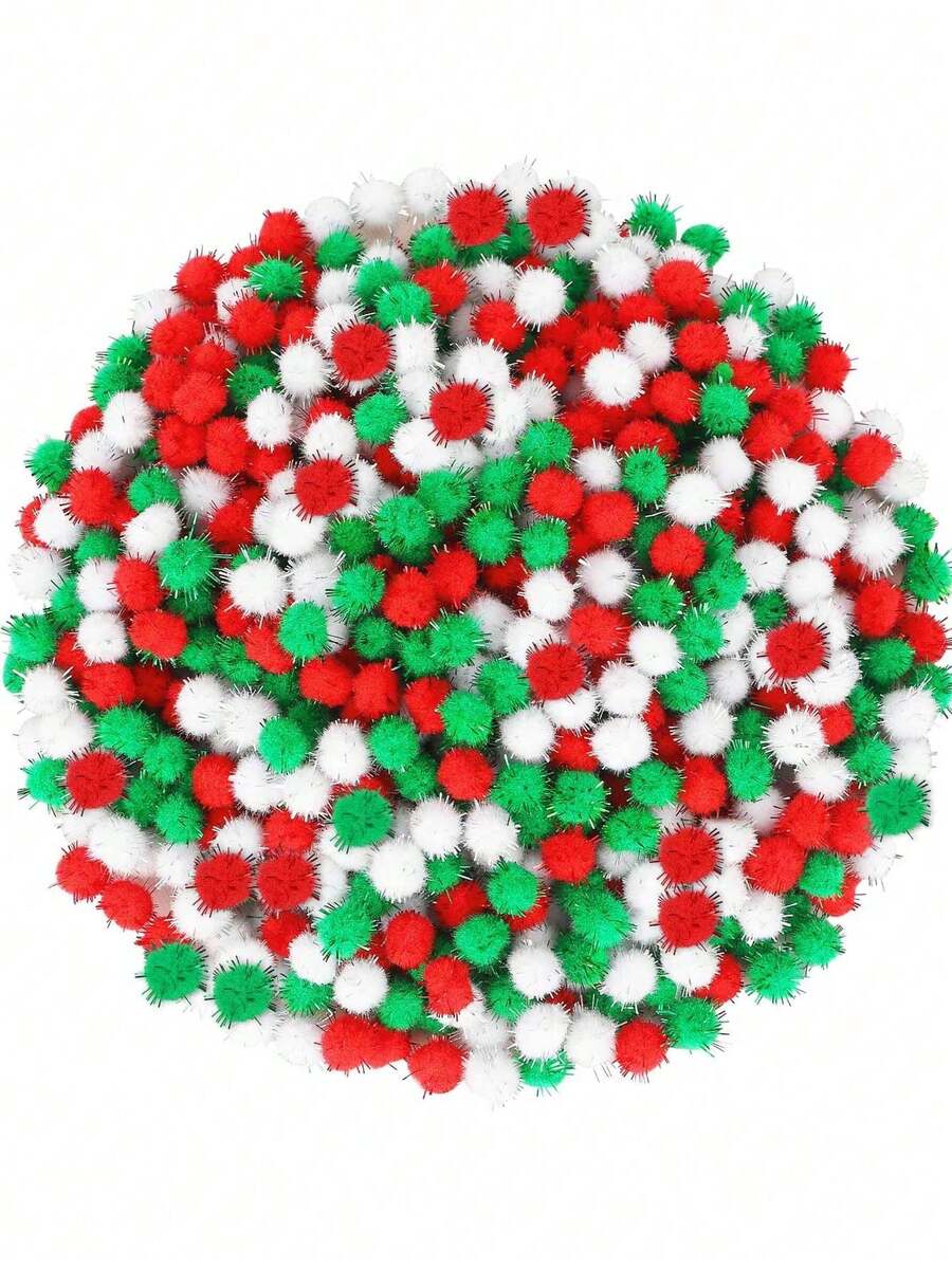500pcs- Mini Christmas Pom-Poms, Red, Green, And White Glitter Pom-Poms For DIY Holiday Crafts And Christmas Decorations, Ideal For Crafting Christmas Hat Accessories - Multicolor - View 1