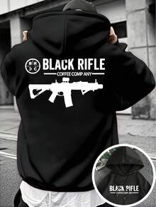 Men'S Tactical Rifle Graphic Hoodie - Beige Military-Style Pullover With Front & Back Rifle Prints, Adjustable Drawstring Hood - Casual Streetwear Sweatshirt For Everyday & Formal Outfits - Durable Fabric Hooded Sweatshirt, Allseason Apparel, Comfortable Fit, Outdoor Clothing, Urban Fashion, Soft Material, Print Sweatshirt, Street Style Lovers, Lounge Wear,  Design, Highquality Print, Print Sweater, Young Adults - 黑色 - 查看 1
