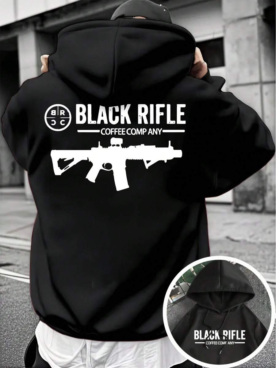 Men'S Tactical Rifle Graphic Hoodie - Beige Military-Style Pullover With Front & Back Rifle Prints, Adjustable Drawstring Hood - Casual Streetwear Sweatshirt For Everyday & Formal Outfits - Durable Fabric Hooded Sweatshirt, Allseason Apparel, Comfortable Fit, Outdoor Clothing, Urban Fashion, Soft Material, Print Sweatshirt, Street Style Lovers, Lounge Wear,  Design, Highquality Print, Print Sweater, Young Adults - 黑色 - 查看 1