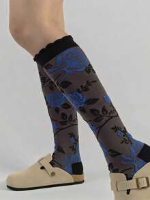 1 Pair Retro French Style Calf-Length Socks With Rose Embroidery, Elegant And Slimming, Suitable For Early Autumn