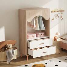 Children's Wardrobe, Wardrobe With Clothes Rail, With Drawers, Open Wardrobe, Solid Wood Handles, Chipboard, White + Natural Wood, 80*46*141.5cm - White - View 2