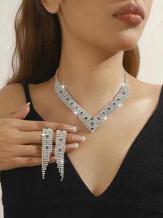 1 Set Copper Material Super Shiny Full Rhinestone + Tassel Earrings, V-Shaped Necklace + Gemstone Inlaid, Suitable For Parties And Events, 5 Color Options