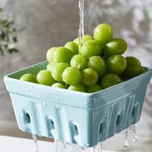 Ceramic Berry Basket Square Fruit Bowls With Holes Berry Bowl Colander Fruit Basket For Kitchen Décor - 5.8" Berry Containers For Fridge, Set Of 2, Blue - Màu xanh nhạt - Xem 5