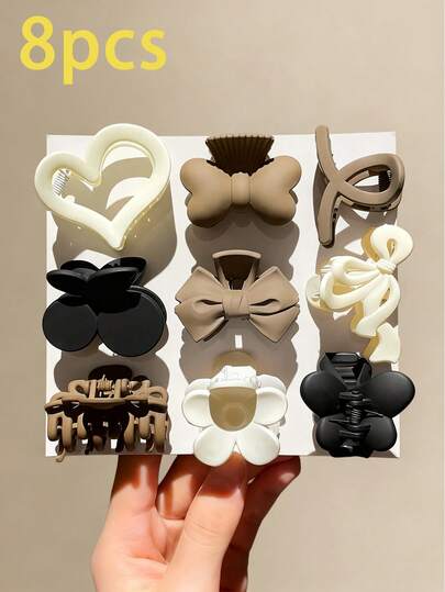 8pcs/Set Girls' Matte Multi-Color Hair Clips, Heart, Bow And Flower Shaped Small Hair Accessories, Suitable For All Seasons