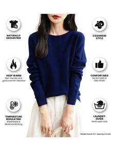 女士圆领长袖毛衣，秋冬季保暖柔软针织套头衫 - 藏蓝色 - 查看 3