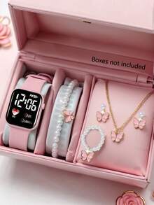 这款时尚优雅的女童LED心形电子手表首饰套装包含心形手链、项链、戒指和耳环，适合女孩、学生佩戴，也适合日常上学、聚会、旅行等场合，是送给朋友、生日、圣诞节和其他节日的完美礼物。 - 粉色 - 查看 1