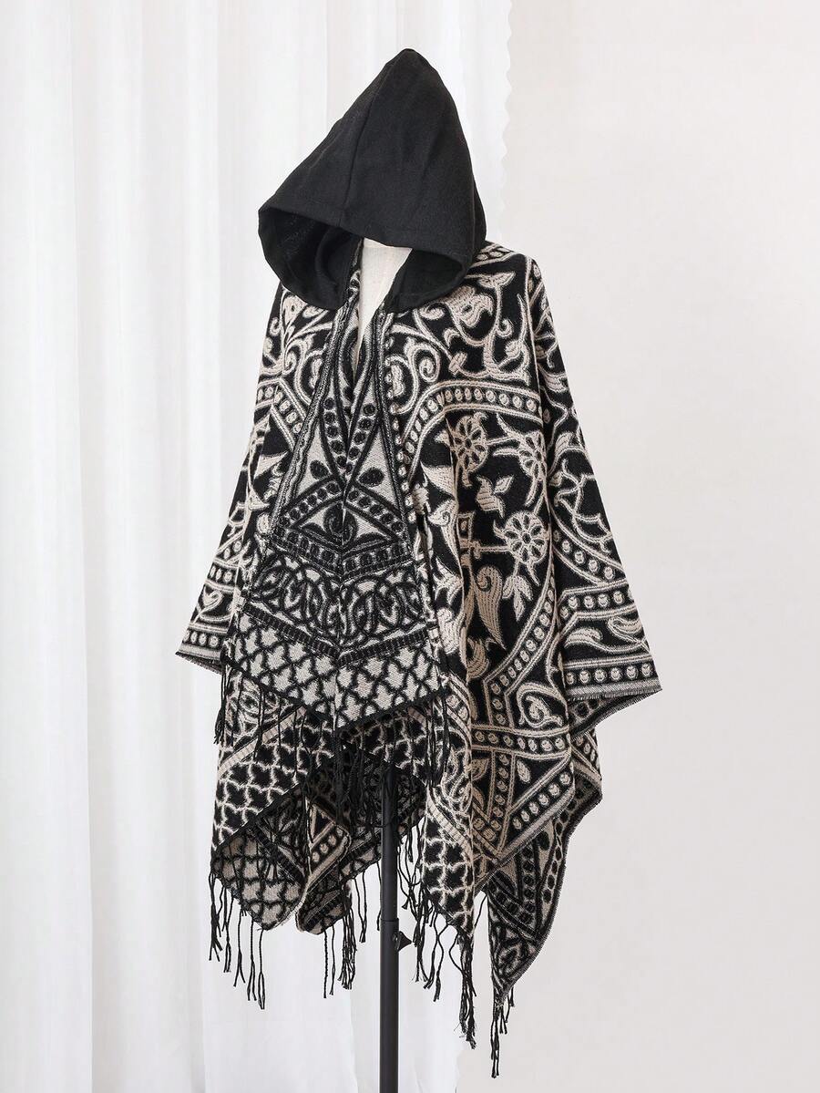 1pc Geometric Jacquard Knit Hooded Shawl, Everyday Wear - Multicolor - View 1