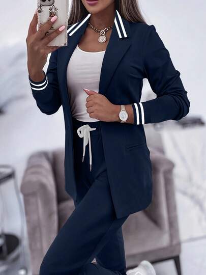 Women's Casual Sports Striped Patchwork Jacket And Pants Suit Spring