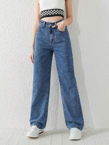 Calça Jeans Denim Reto de Lavagem Azul Simples e Versátil para Adolescentes meninas - Lavagem Média - Visão 3