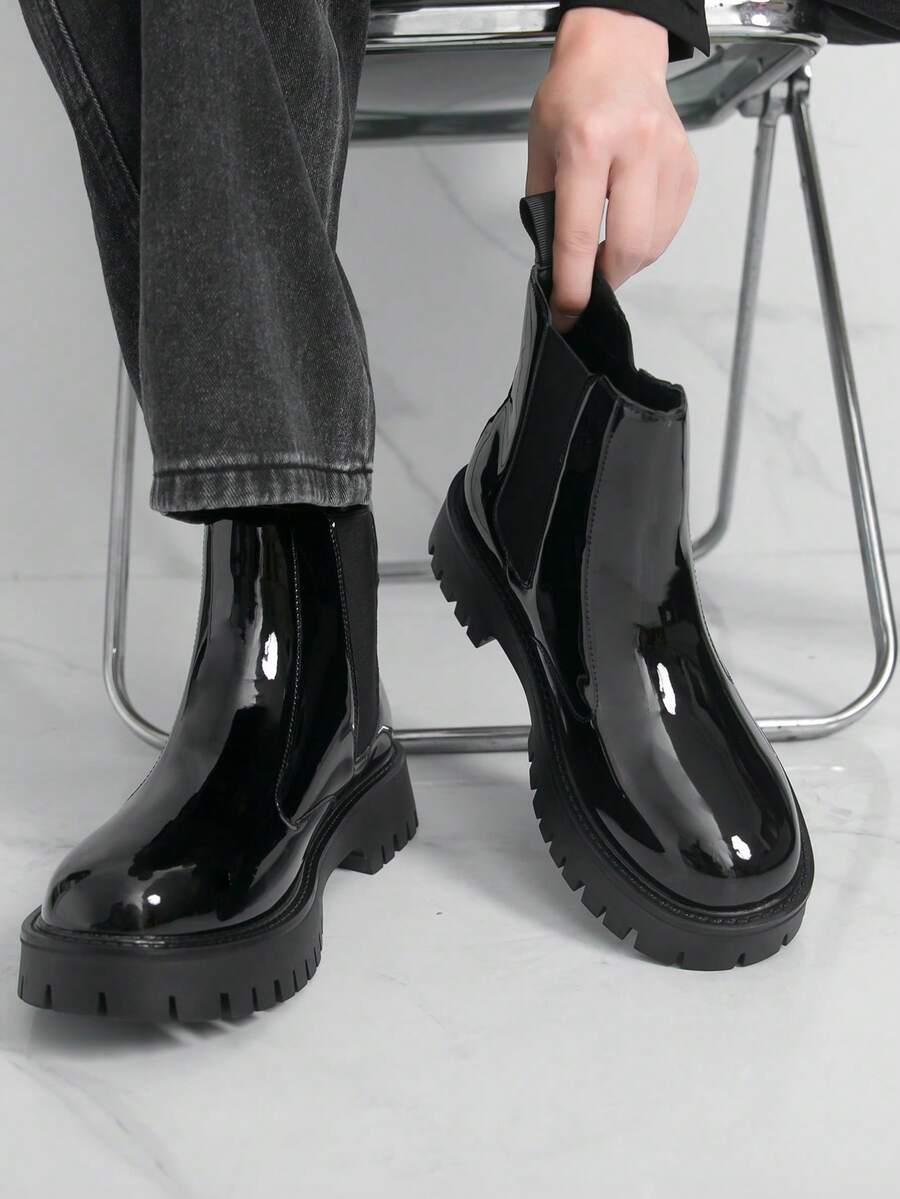 New Versatile Fashion Solid Color Punk Party Preppy School Uniform Style Faux Leather Chelsea Boots, Suitable For Holidays, Weddings, School, Vacation, Parties, All Seasons - Black - View 1