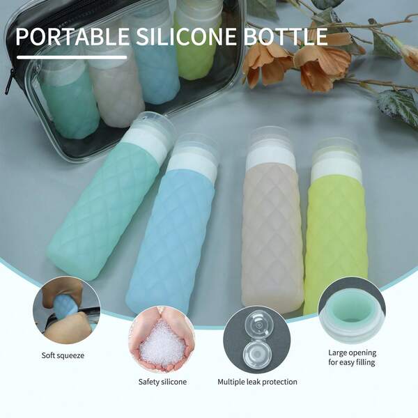 4pcs TSA Approved 3oz Reusable Leak-Proof Silicone Squeeze Bottles, Suitable For Shampoo, Conditioner, Lotion - Travel Essentials