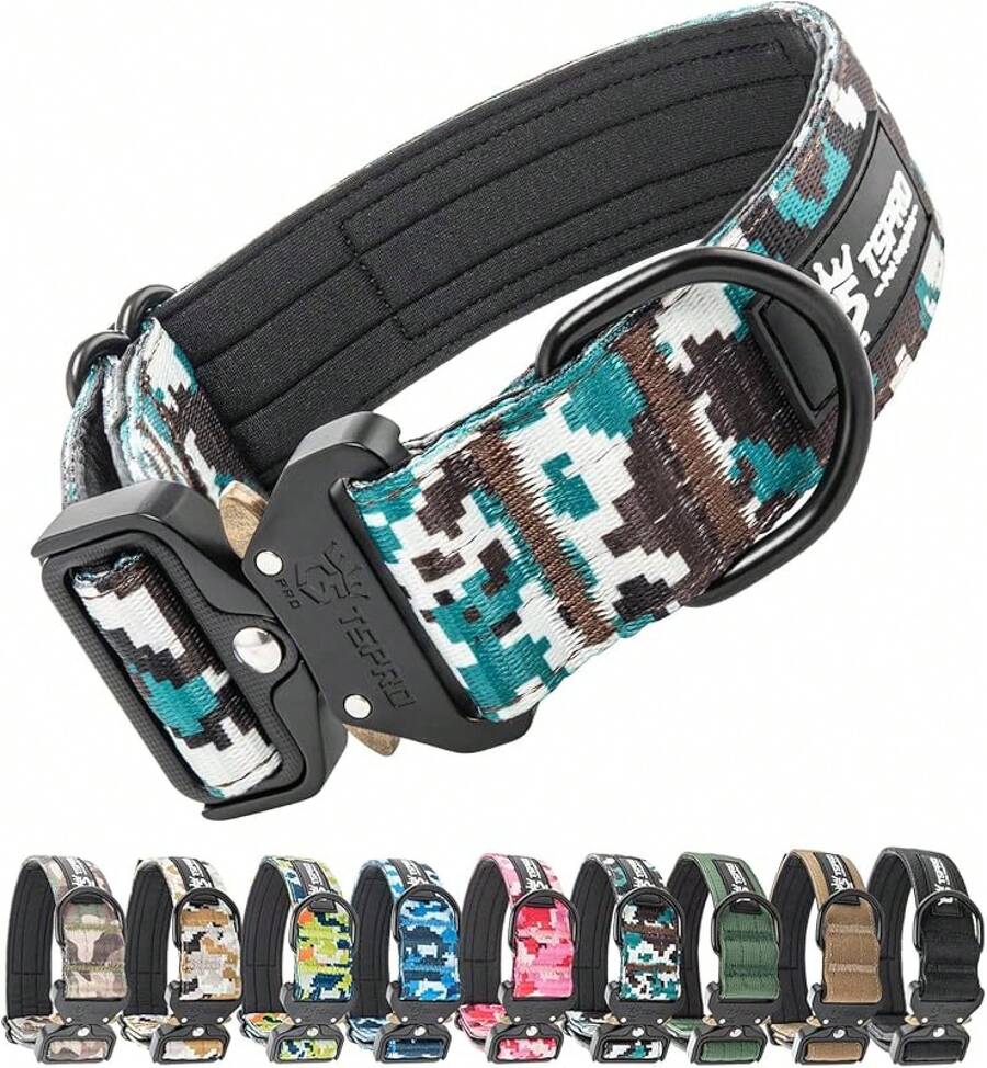 Collares de Perro Premium Collar de Perro con Asa y Hebilla de Metal de Liberación Rápida Resistente, Grueso y Ajustable para Perros Medianos a Grandes (Estampado de Leopardo L) - Camuflaje Cian - Ver 1