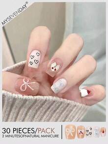 30 pièces Autocollants pour ongles courts amande, motifs de bandes dessinées 3D, décoration de diamants et de perles scintillants. Ensemble parfait pour la manucure acrylique comprenant 1 vernis gel et 1 lime à ongles. Convient pour le travail, les études et les rassemblements quotidiens des femmes en automne/hiver. Ce produit pour les ongles convient également pour les fêtes, les festivals et l'usage quotidien. - Multicolore - Voir 2