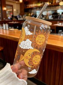 1 件 16 盎司玻璃咖啡杯（带吸管），太阳和月亮设计，饮料杯（带吸管），抹茶咖啡杯（带吸管） - 金色 - 查看 8