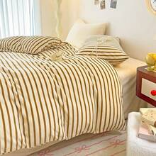 1 Set Autunno/Inverno Copripiumino in Velluto di Latte a Righe 3 Pezzi (1 Copripiumino + 2 Federe, Piumino e Cuscini Non Inclusi), Design Semplice, Spesso e Caldo, Lavabile in Lavatrice, 180gsm, Angoli Sagomati, Misura Singola/Matrimoniale