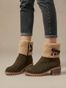 Winter Faux Fur Snow Boots For Women Platform Block Chunky HeelsSide Zipper Comfortable Outdoor Suede Warm Boots - 綠A - 查看 2