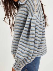 Women's Striped Knit Sweater With Peter Pan Collar Puff Sleeve Button Cuff Casual Top For Daily Wear - Màu xanh lam - Xem 2